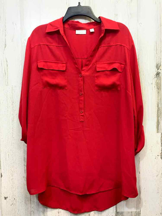 PRE-OWNED NEW YORK & CO Tops Size XL Red Solid SHEER TOP/RED SHEER LONG SLEEVE T