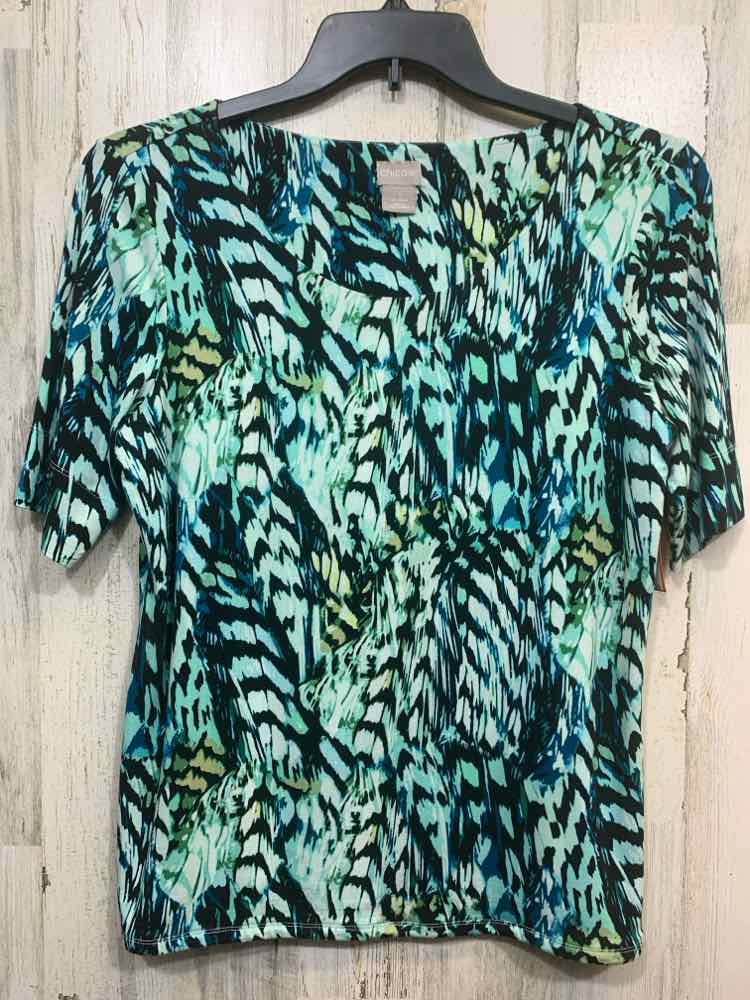 PRE-OWNED CHICO'S Size 1 Tops BLK/GRN/AQUA FEATHER SHORT SLEEVES SCOOP NECKLINE