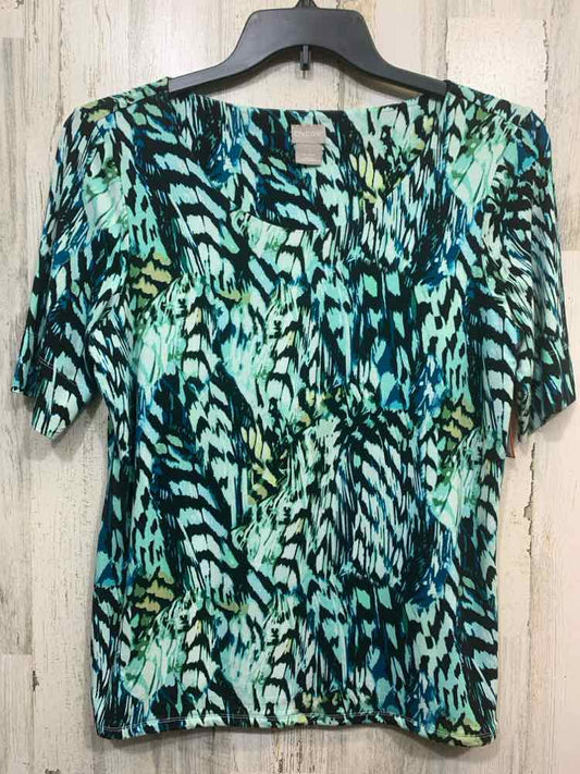 PRE-OWNED CHICO'S Size 1 Tops BLK/GRN/AQUA FEATHER SHORT SLEEVES SCOOP NECKLINE