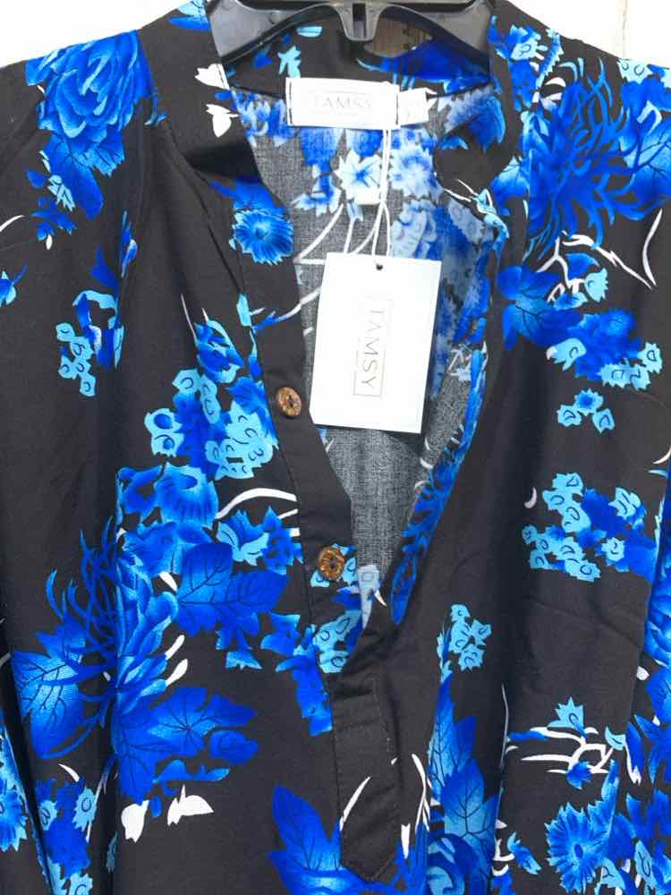 PRE-OWNED TAMSY Tops Size One Size BLACK/BLUE Floral SHORT SLEEVES Dress