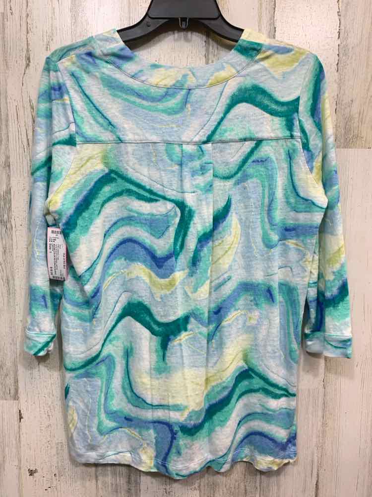 PRE-OWNED CHICO'S Tops Size 1 TEAL/AQUA/YLLW/GRN WATER COLORS 3/4 SLEEVE Shirt