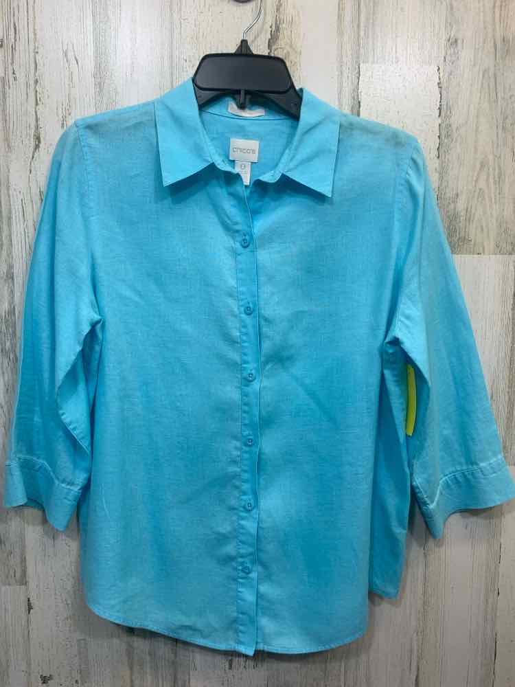 PRE-OWNED CHICO'S Tops Size 0 AQUA LINEN Solid BUTTON UP Shirt/AQUA BLUE LONG SL