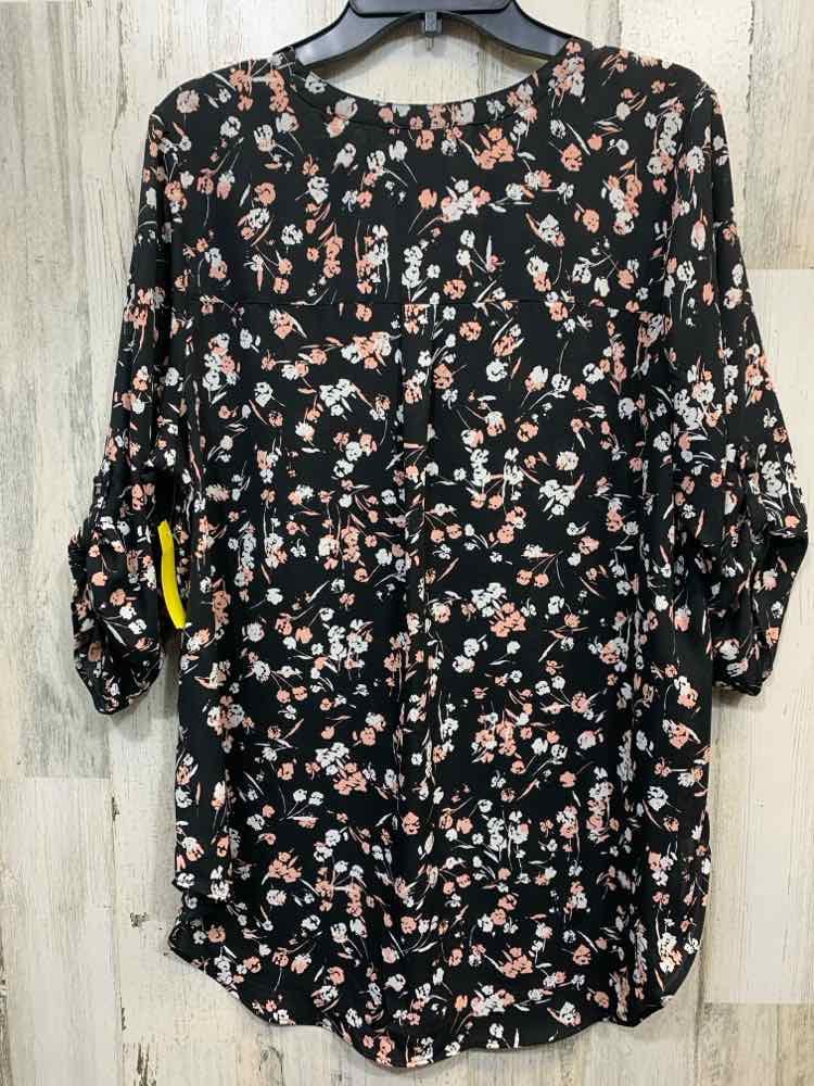 PRE-OWNED WORTHINGTON Tops Size 0X BLK/PNK/WHT Floral 3/4 SLEEVE Blouse/V CUT FR