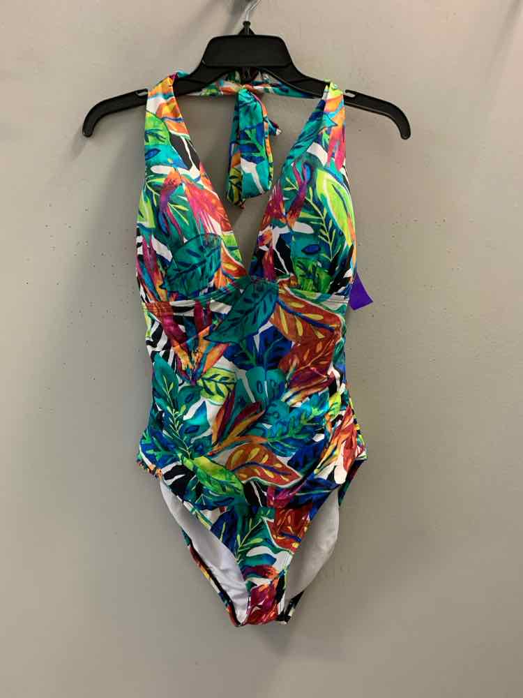 Ralph Lauren Swimwear Size 16 AQUA/WHT/BLU/ORG/YLW/GRN LEAVES HALTER Swimsuit