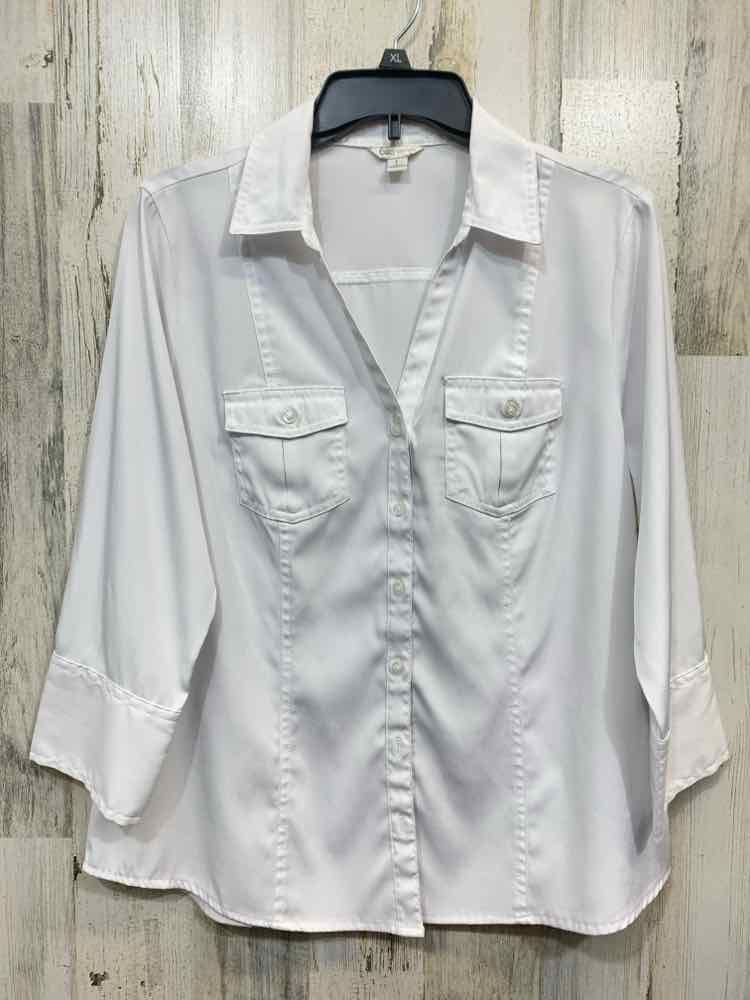 PRE-OWNED CATO Tops Size L White Solid BUTTON UP Shirt/WHITE 3/4 SLEEVE BUTTON U