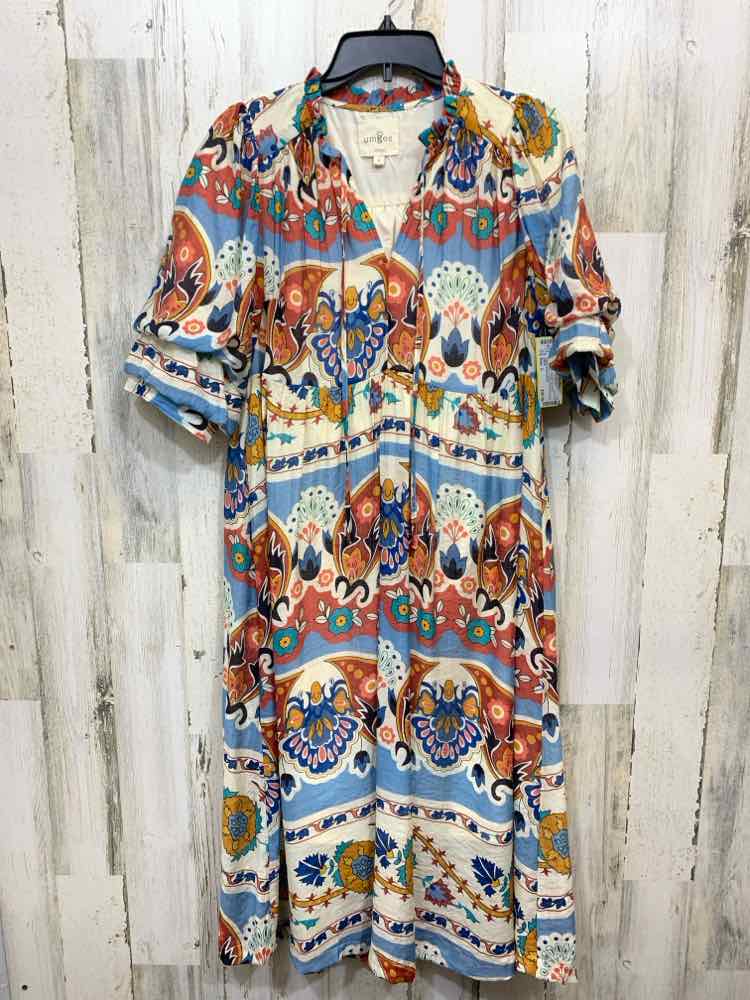 PRE-OWNED UMGEE  Size S CRM/BRN/BLU Floral SHORT PUFF SLEEVES/V NECK Dress