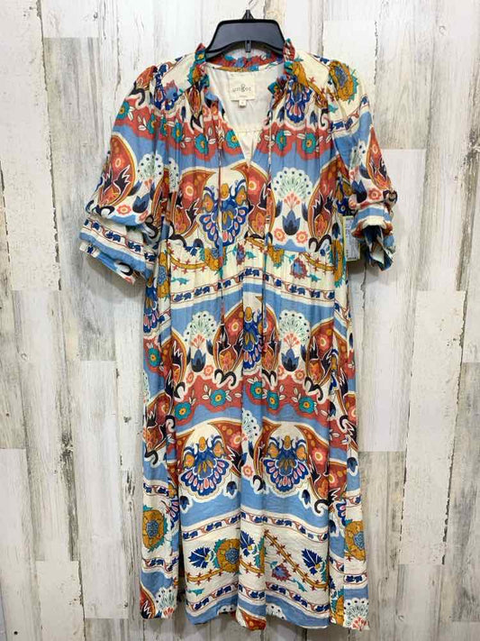 PRE-OWNED UMGEE  Size S CRM/BRN/BLU Floral SHORT PUFF SLEEVES/V NECK Dress