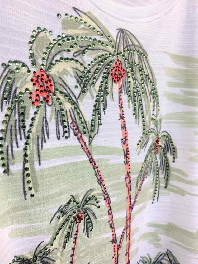 NWT THOMAS & OLIVIA Size L WHT/OLV PALM TREES SHORT SLEEVES/SCOOP NECK Blouse