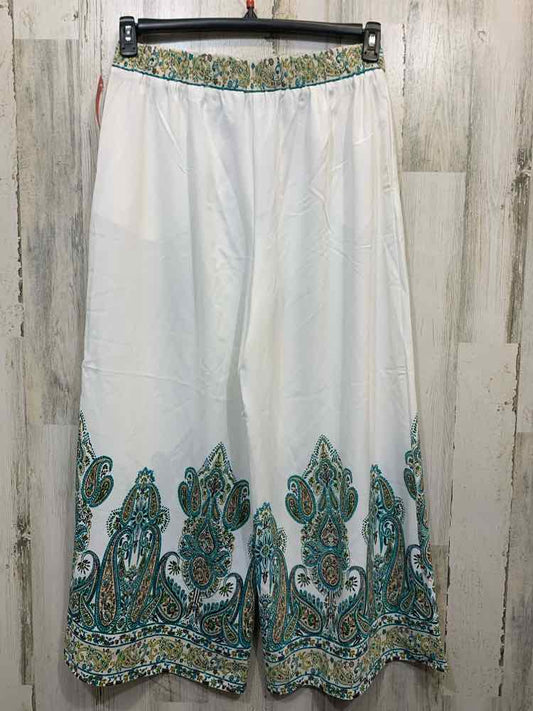 NWT Size LP CATO BOTTOMS WHITE/BROWN/AQUA Paisley WIDE LEG Pants/TIE BELT