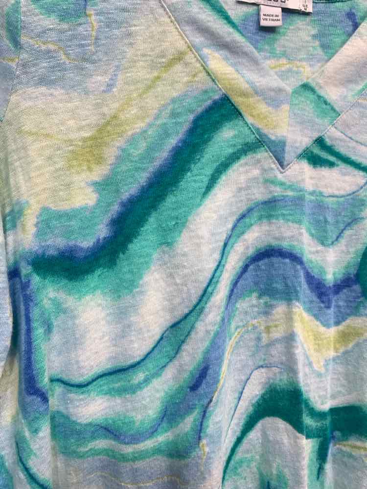 PRE-OWNED CHICO'S Tops Size 1 TEAL/AQUA/YLLW/GRN WATER COLORS 3/4 SLEEVE Shirt