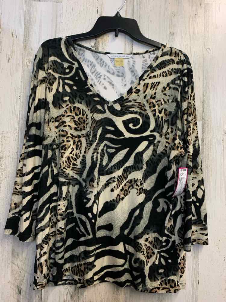 PRE-OWNED PETER NYGARD Tops Size L BLK/BGE Animal Print LONG SLEEVES TOP/V NECK