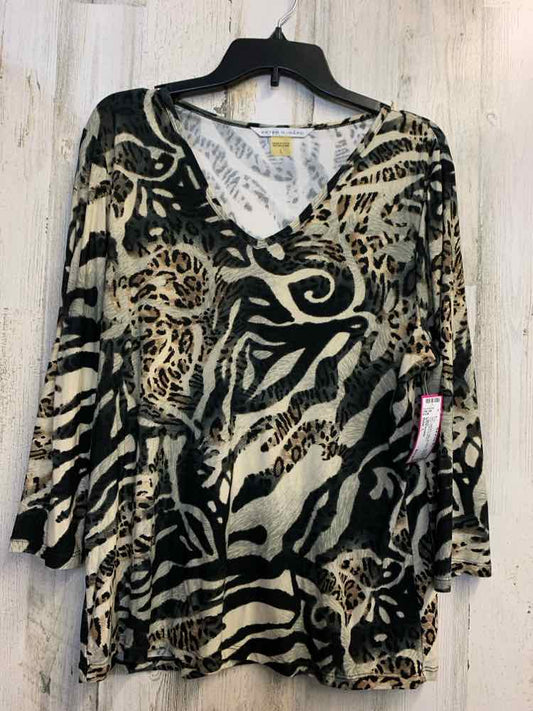 PRE-OWNED PETER NYGARD Tops Size L BLK/BGE Animal Print LONG SLEEVES TOP/V NECK