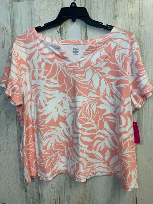 KIM ROGERS PLUS SIZES Size 2X PEACH/WHITE LEAVES SHORT SLEEVES TOP
