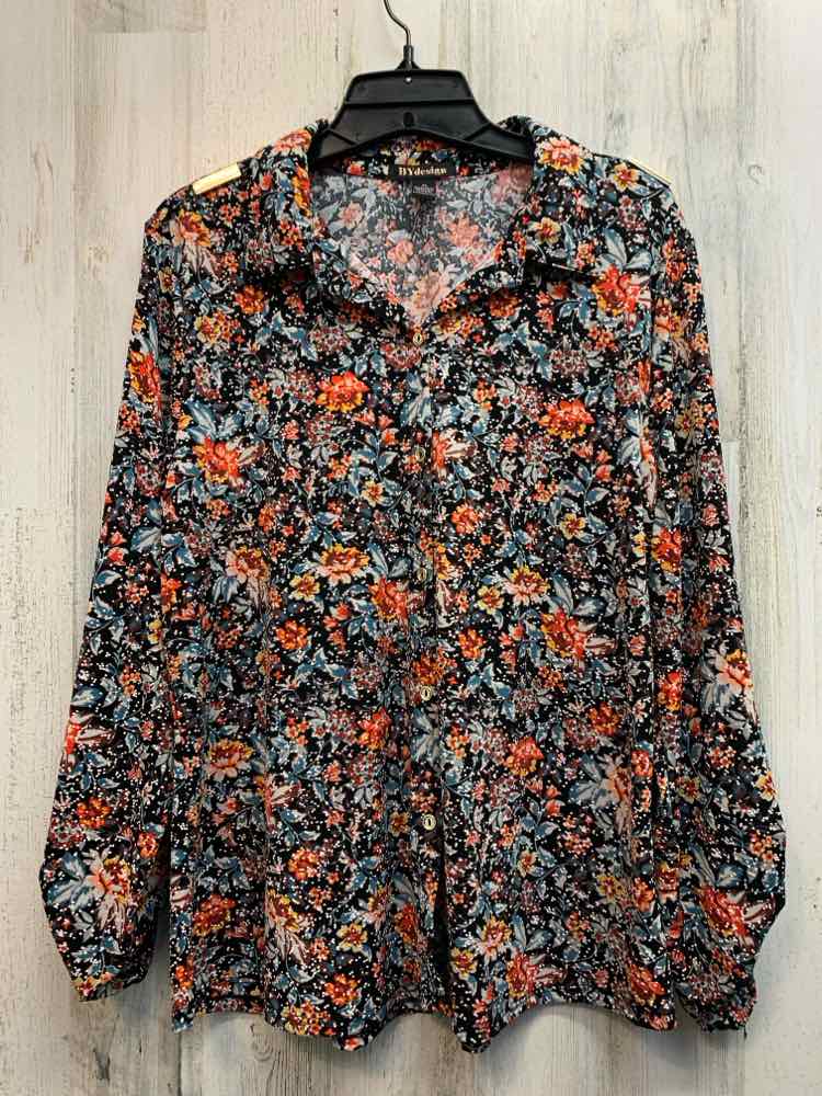 BY DESIGN Tops Size XL BLK/ORG/AQUA Floral LONG SLEEVES Shirt