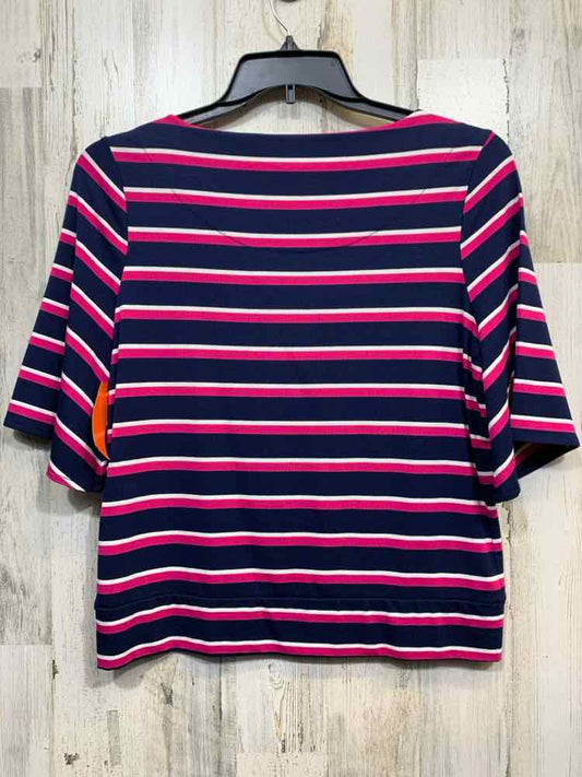 PRE-OWNED CHICO'S Size 1 Tops NVY/WHT/PNK Stripe SHORT SLEEVES SCOOP NECKLINE