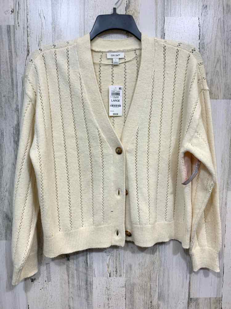 NWT ON 34TH Size L CREAM POINTELLE KNIT LONG SLEEVE/ V NECK BUTTON UP CARDIGAN
