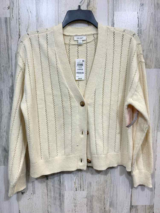NWT ON 34TH Size L CREAM POINTELLE KNIT LONG SLEEVE/ V NECK BUTTON UP CARDIGAN