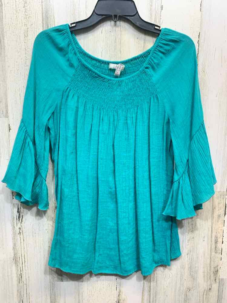 PRE-OWNED SPENSE Tops Size M Teal Solid TRUMPET SLEEVE Shirt/TEAL STRETCHY SHIRT