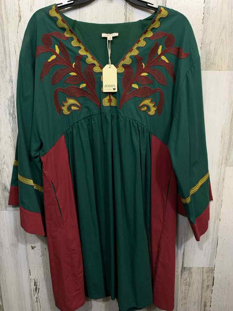 NWT JODIFL Size L Dresses CREAM/YELLOW/BURGUNDY EMBROIDERED BELL SLEEVES DRESS