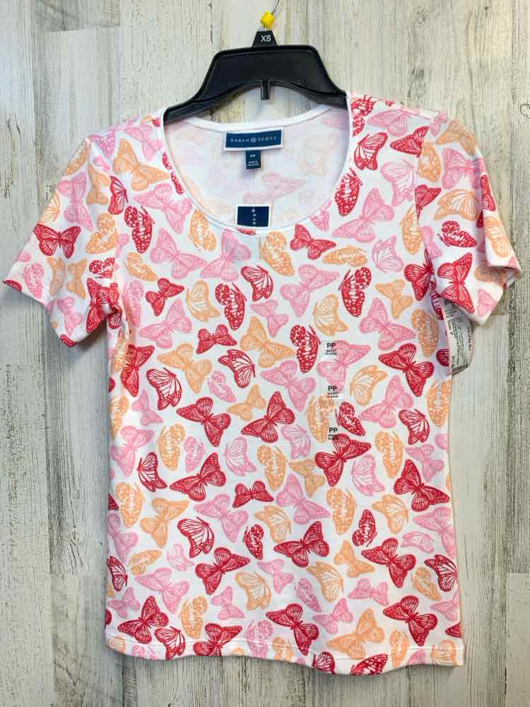 NWT KAREN SCOTT Tops Size P RED/PINK/PEACH/WHT BUTTERFLY SHORT SLEEVES TOP