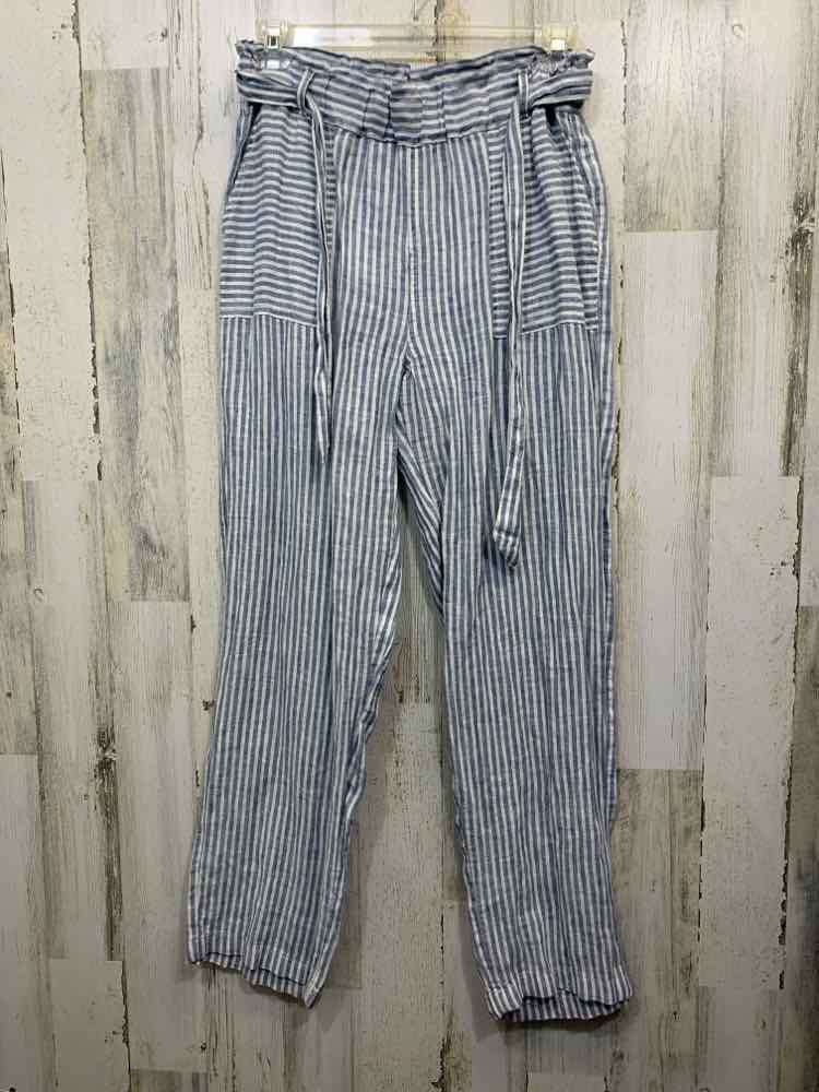 PRE-OWNED Size L SIGRID OLSEN BOTTOMS WHT/BLU Linen Stripe WIDE LEG Pants
