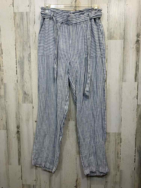 PRE-OWNED Size L SIGRID OLSEN BOTTOMS WHT/BLU Linen Stripe WIDE LEG Pants