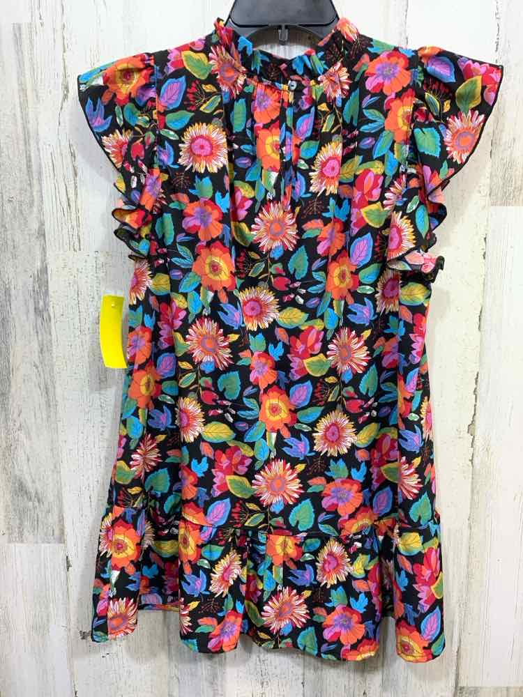 PRE-OWNED JODIFL Tops Size S Multi-Color Floral RUFFLE SLEEVE/MOCK NECK Blouse