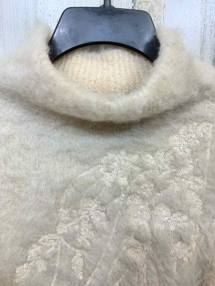 NWT DONNA KARAN Size L Tops Cream FUZZY LONG SLEEVE/SEQUIN W/MOCK NECK SWEATER