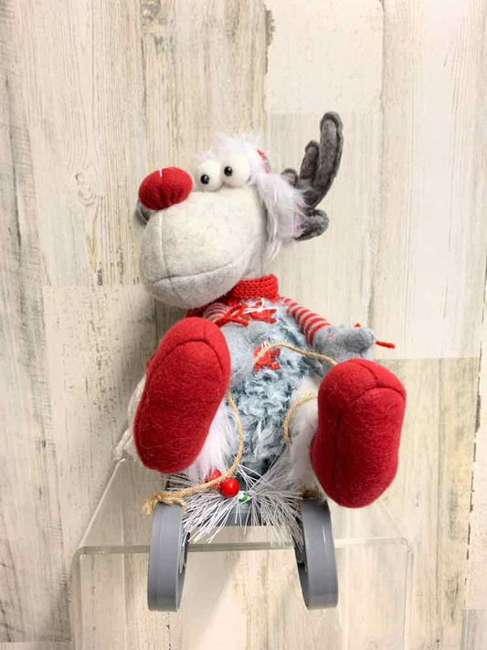 RED/WHT/GRAY Christmas Figurine/11' SIT MOOSE ON SLEIGH