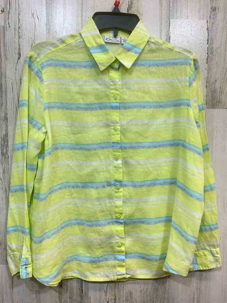 PRE-OWNED KIM ROGERS Tops Size PS NEON YELLOW/WHITE/BLUE STRIPES BUTTON UP Shirt