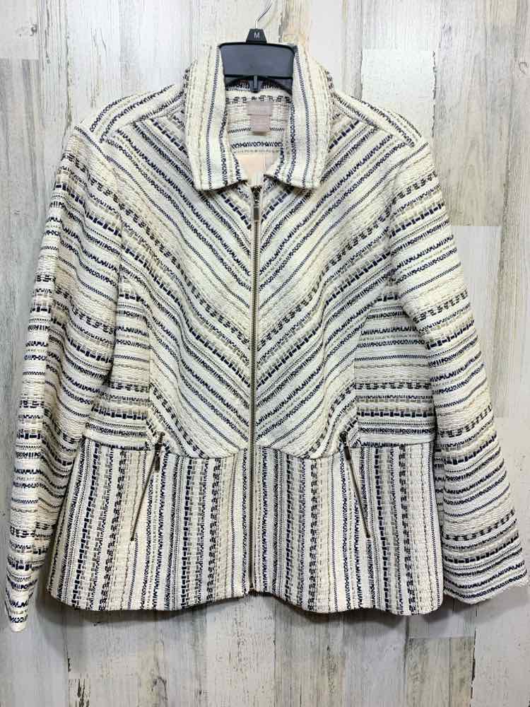 NWT CHICO'S Size 3 JACKETS / COATS WHT/BLK/GRAY Stripe LONG SLEEVE TWEED BLAZER