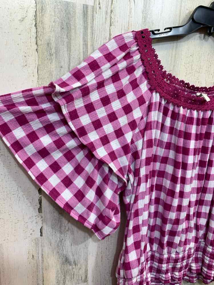 PRE-OWNED EST 1946 Tops Size XL WHT/PLUM Checkered SHORT SLEEVES/LACE TRI Blouse