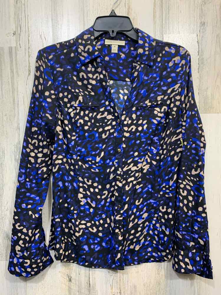 PRE-OWNED DANA BUCHMAN Tops Size M BLACK/BLUE/TAN CHEETAH BUTTON UP TOP/BUTTON U