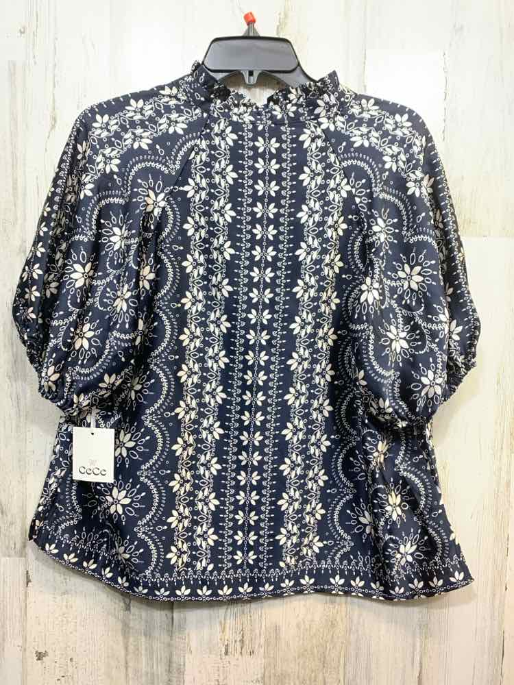 NWT CE CE Tops Size PXL BLU/WHITE Floral SHORT SLEEVES TOP/V NECK PUFF SLEEVE