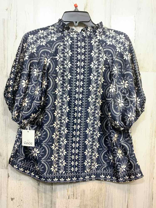 NWT CE CE Tops Size PXL BLU/WHITE Floral SHORT SLEEVES TOP/V NECK PUFF SLEEVE