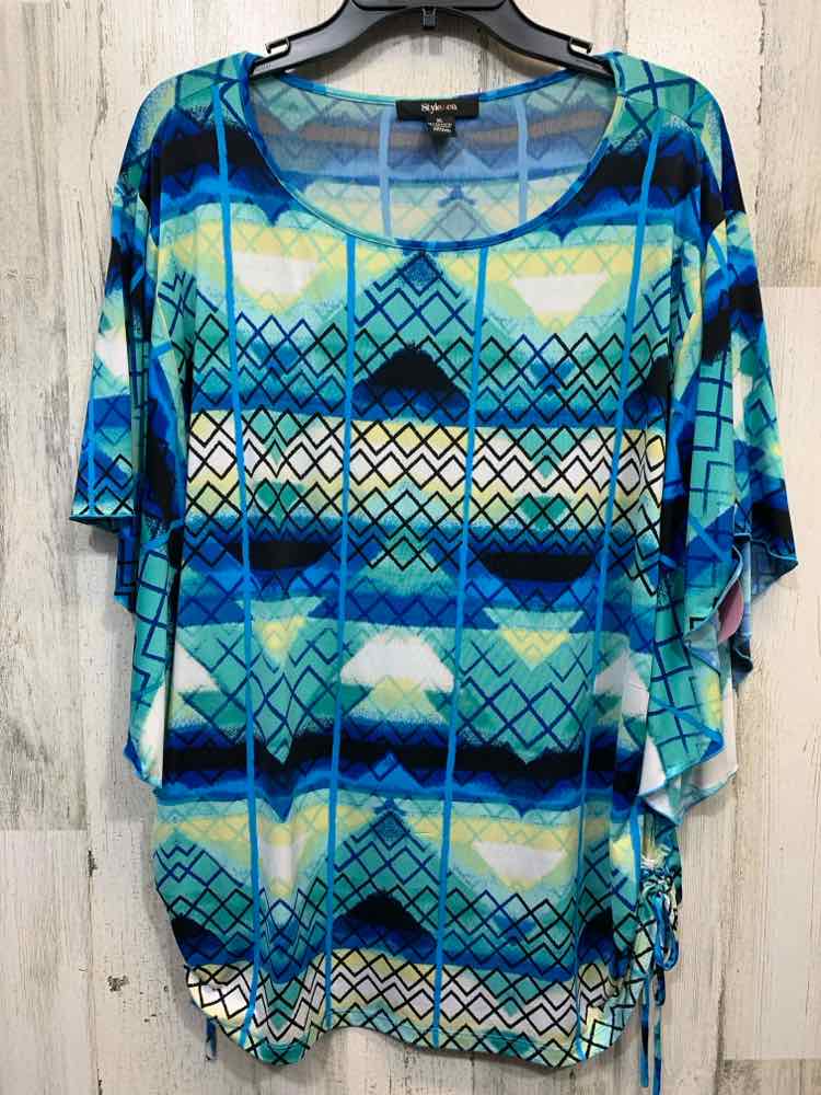 PRE-OWNED STYLE & CO Tops Size XL BLUE/BLACK/AQUA/YELLOW ABSTRACT RUFFLE Shirt/R