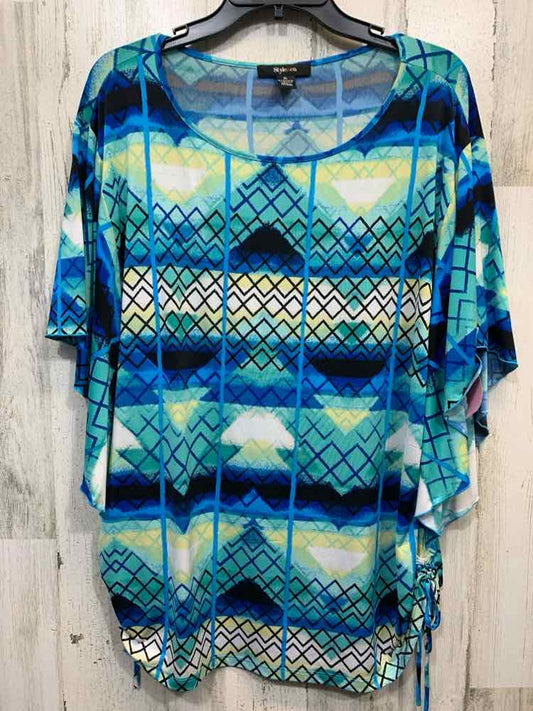 PRE-OWNED STYLE & CO Tops Size XL BLUE/BLACK/AQUA/YELLOW ABSTRACT RUFFLE Shirt/R