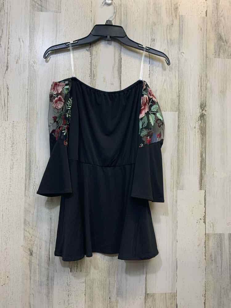 PRE-OWNED ECI Tops Size 10 Black OFF SHOULDERS TOP/EMBROIDERED FLORAL SLEEVES