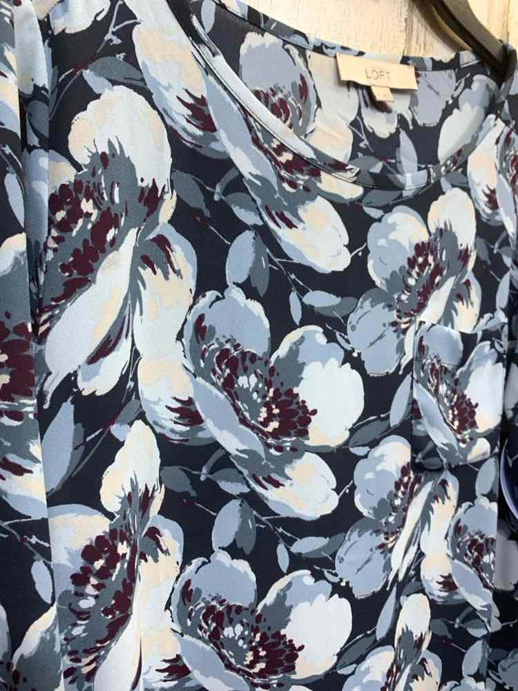 PRE-OWNED LOFT Size M Tops BLK/BGE/BLU BOAT NECK Floral LONG SLEEVE BLOUSE