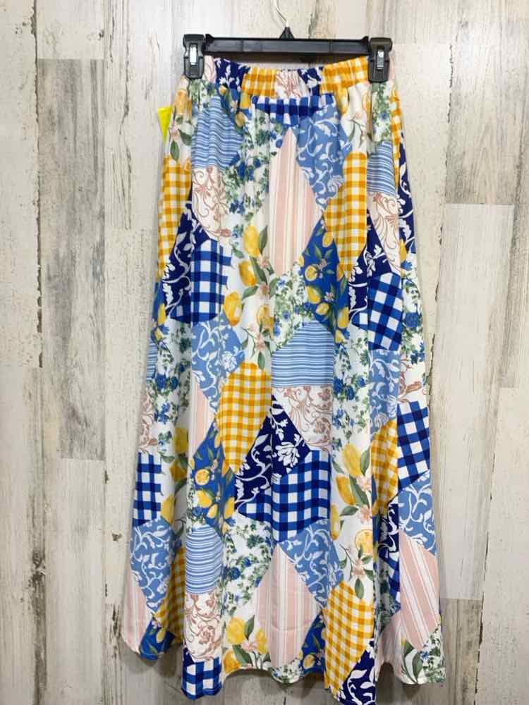 NWT BLU PEPPER M BOTTOMS WHT/BLU/YEL LEMONS MAXI Full SKIRT