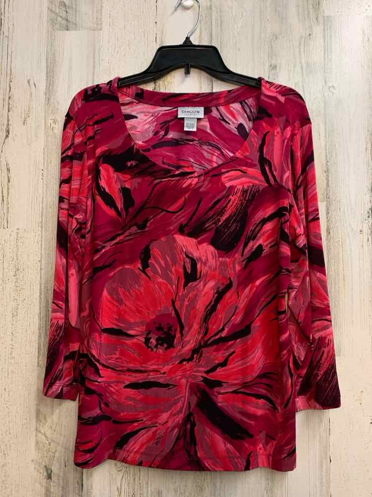 CHICOS Tops Size 2 FUCH/BLK Floral 3/4 LENGTH TOP