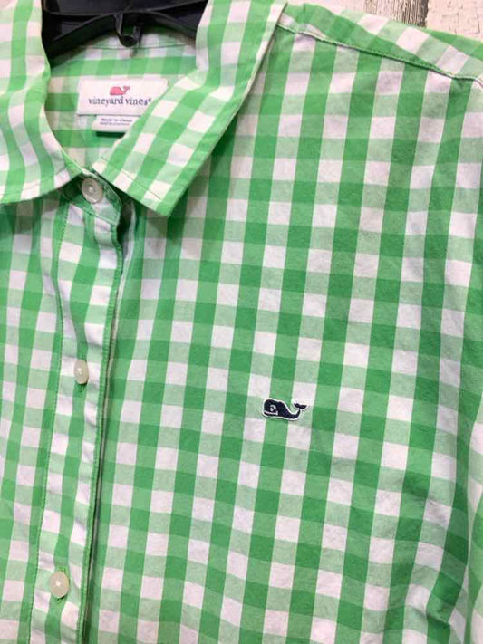 PRE-OWNED VINEYARD VINES Tops Size 8 GREEN/WHITE Plaid BUTTON UP Shirt/GREEN PLA