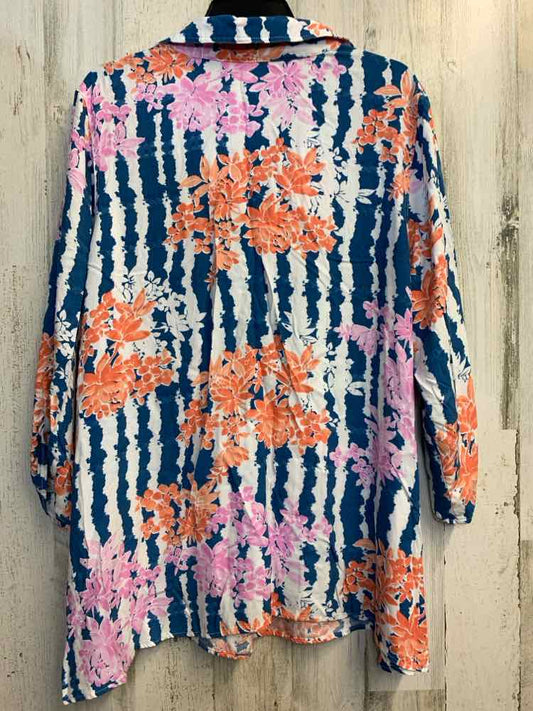 PRE-OWNED RUBY RD PLUS SIZES Size 1X BLU/WHT STRIPES & FLOWERS LONG SLEEVES TOP