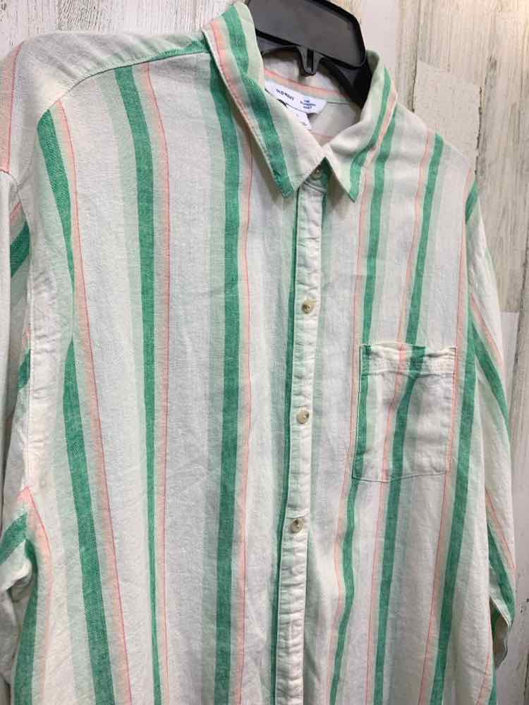 PRE-OWNED OLD NAVY Tops Size L CREAM/GREEN/LIGHT PINK VERTICAL STRIPES Shirt/LON