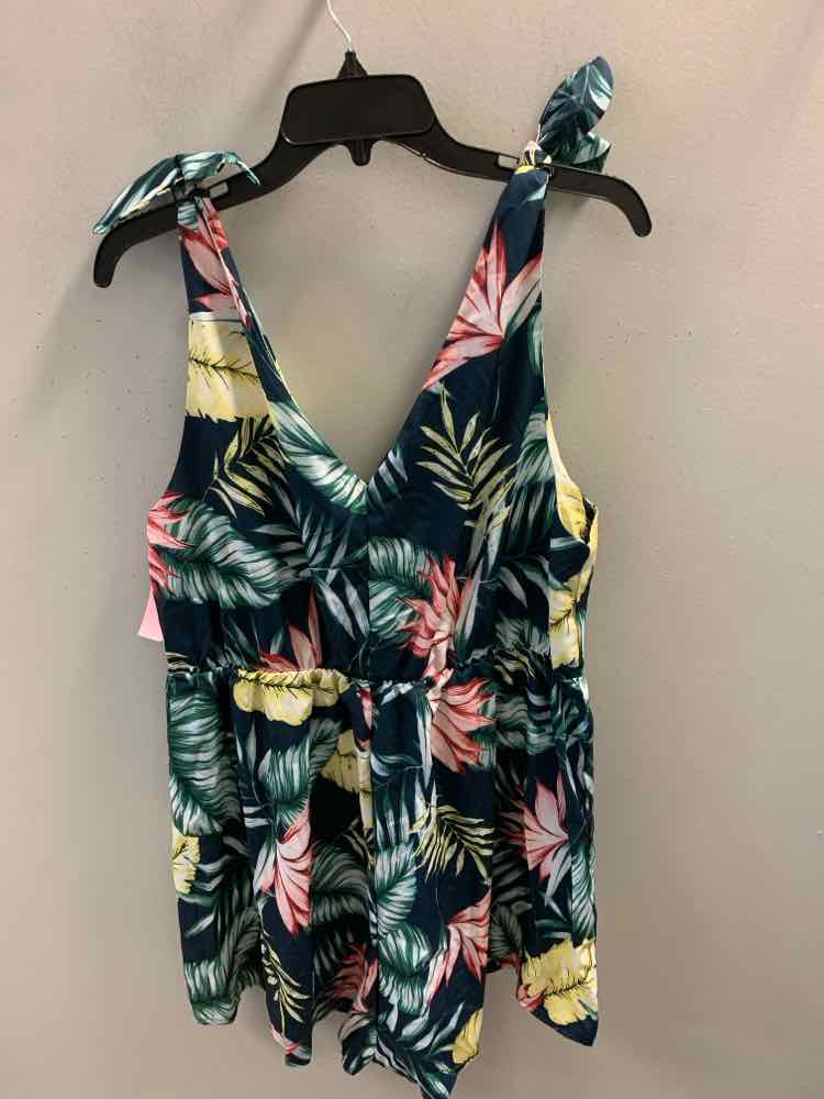 Size 2X PLUS SIZES GRN/YEL/PINK Floral Romper
