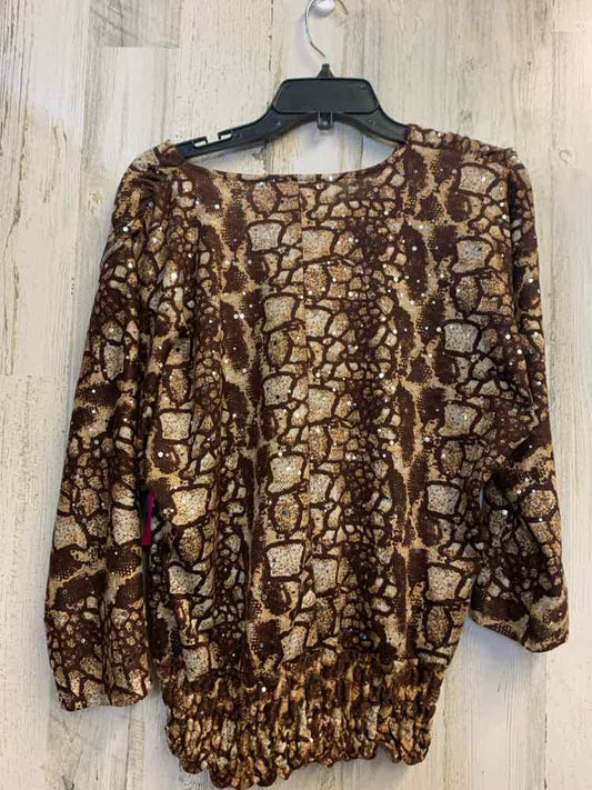 PRE-OWNED ISABELLA RODRIGUEZ Tops Size L Brown SNAKE PRINT LONG SLEEVES TOP/BROW