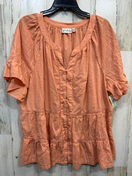 PRE-OWNED WONDERLY Size 2X Peach Solid BELL SLEEVES Blouse/ IMPRINTED, V NECK BU