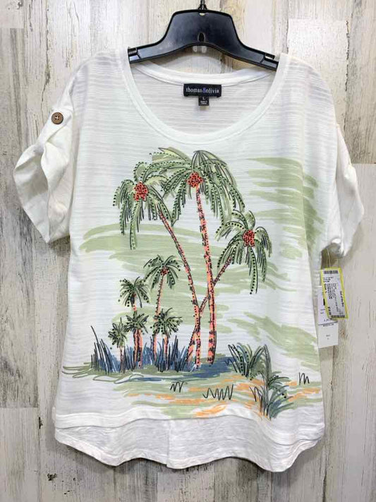 NWT THOMAS & OLIVIA Size L WHT/OLV PALM TREES SHORT SLEEVES/SCOOP NECK Blouse
