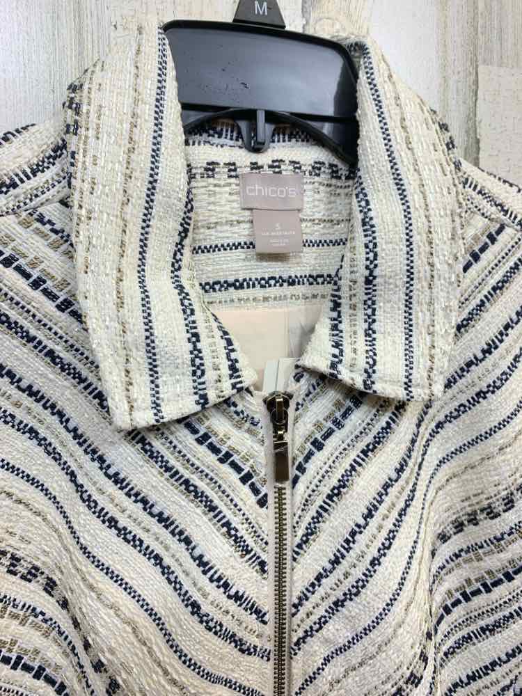 NWT CHICO'S Size 3 JACKETS / COATS WHT/BLK/GRAY Stripe LONG SLEEVE TWEED BLAZER