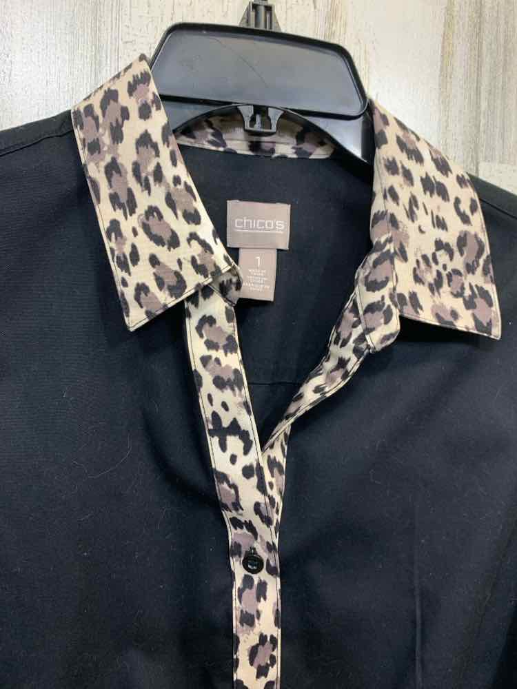 PRE-OWNED CHICOS Tops Size 1 BLACK/BROWN/BIEGE CHEETAH BUTTON UP TOP/BLACK BUTTO